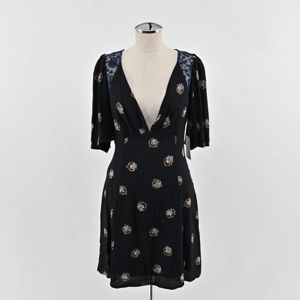 Free People Mockingbird Mini Dress Womens Size 2 Black Floral Lace Boho Tie Back